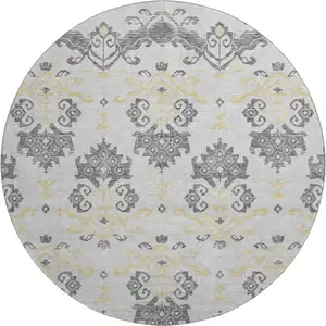 Photo of 8' Charcoal Silver And Gold Medallion Washable Round Rug With UV Protection