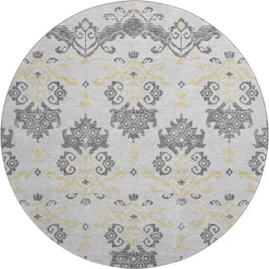 8' Charcoal Silver And Gold Medallion Washable Round Rug With UV Protection Photo 1