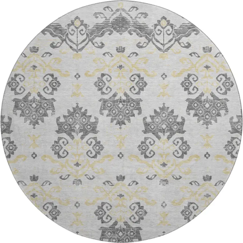 8' Charcoal Silver And Gold Medallion Washable Round Rug With UV Protection Photo 1