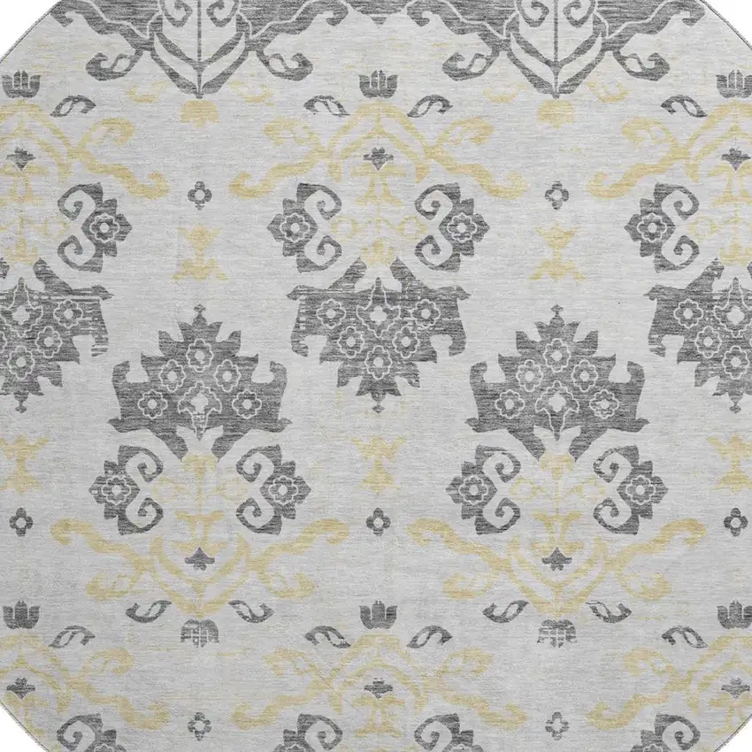 8' Charcoal Silver And Gold Medallion Washable Round Rug With UV Protection Photo 3