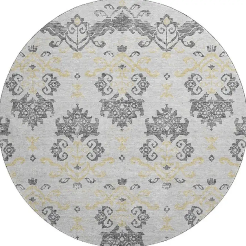 8' Charcoal Silver And Gold Medallion Washable Round Rug With UV Protection Photo 4