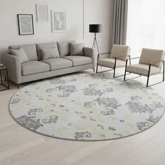 8' Charcoal Silver And Gold Medallion Washable Round Rug With UV Protection Photo 2