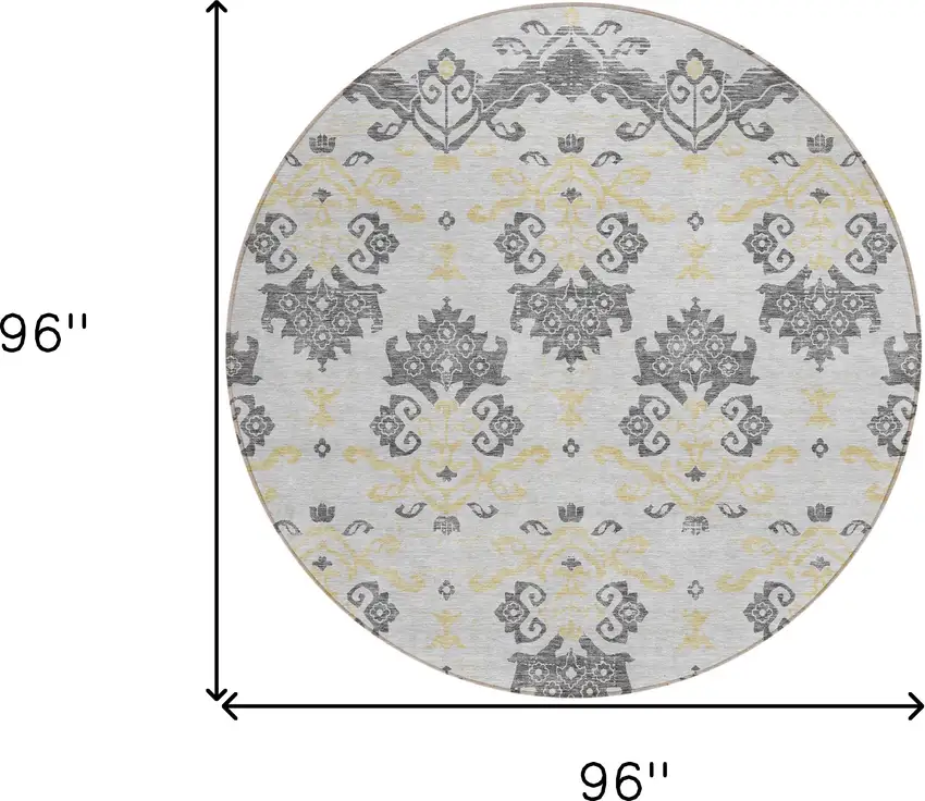 8' Charcoal Silver And Gold Round Oriental Washable Indoor Outdoor Area Rug Photo 8