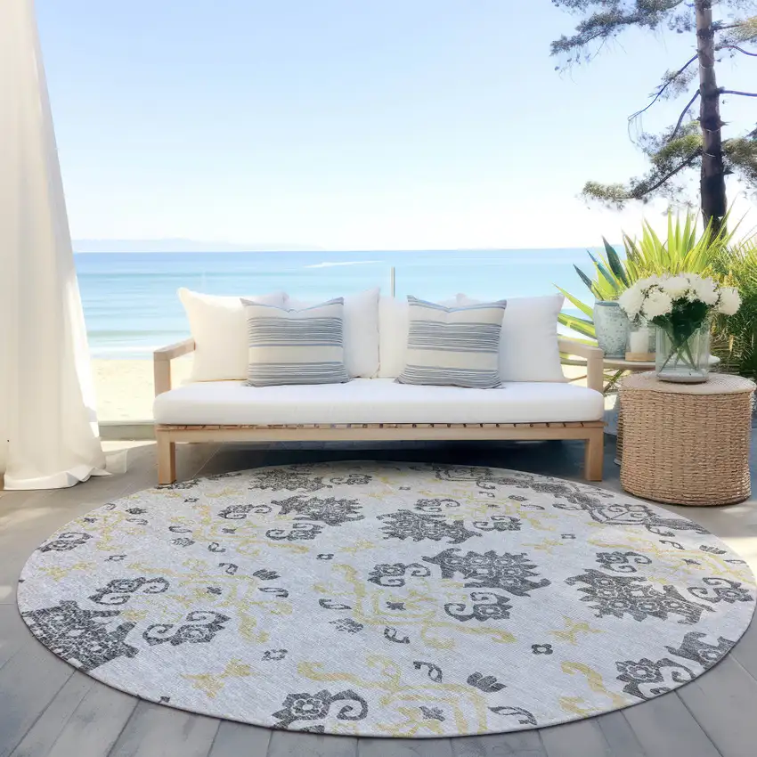 8' Charcoal Silver And Gold Round Oriental Washable Indoor Outdoor Area Rug Photo 6