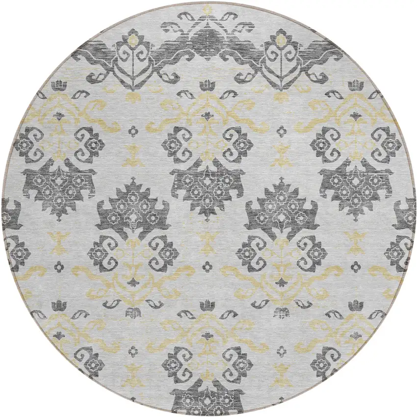 8' Charcoal Silver And Gold Round Oriental Washable Indoor Outdoor Area Rug Photo 1