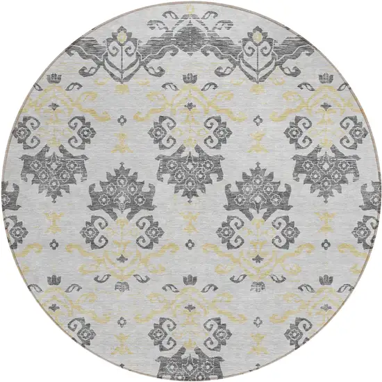 8' Charcoal Silver And Gold Round Oriental Washable Indoor Outdoor Area Rug Photo 1