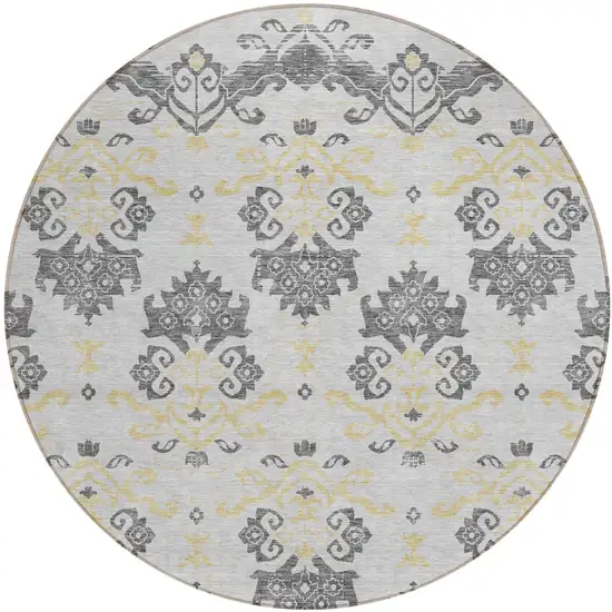 8' Charcoal Silver And Gold Round Oriental Washable Indoor Outdoor Area Rug Photo 1