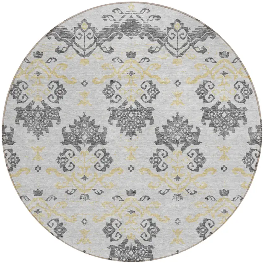 8' Charcoal Silver And Gold Round Oriental Washable Indoor Outdoor Area Rug Photo 1