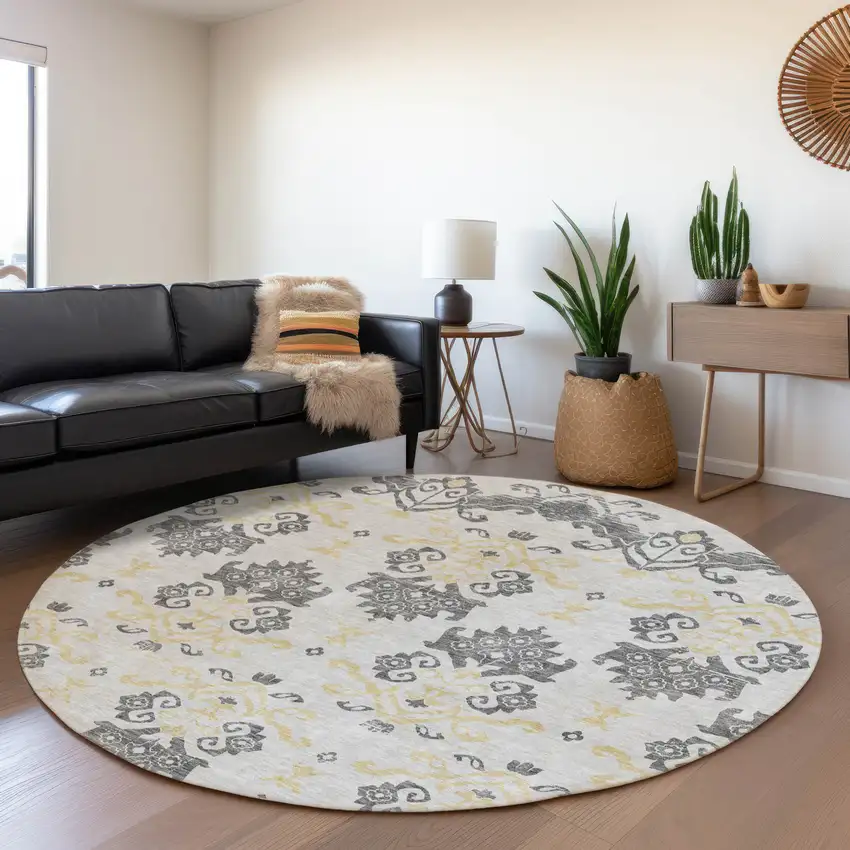 8' Charcoal Silver And Gold Round Oriental Washable Indoor Outdoor Area Rug Photo 7