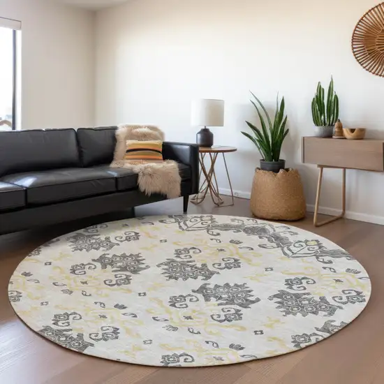 8' Charcoal Silver And Gold Round Oriental Washable Indoor Outdoor Area Rug Photo 7