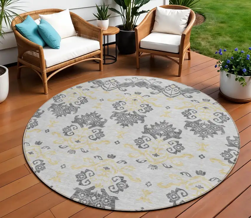 8' Charcoal Silver And Gold Round Oriental Washable Indoor Outdoor Area Rug Photo 1