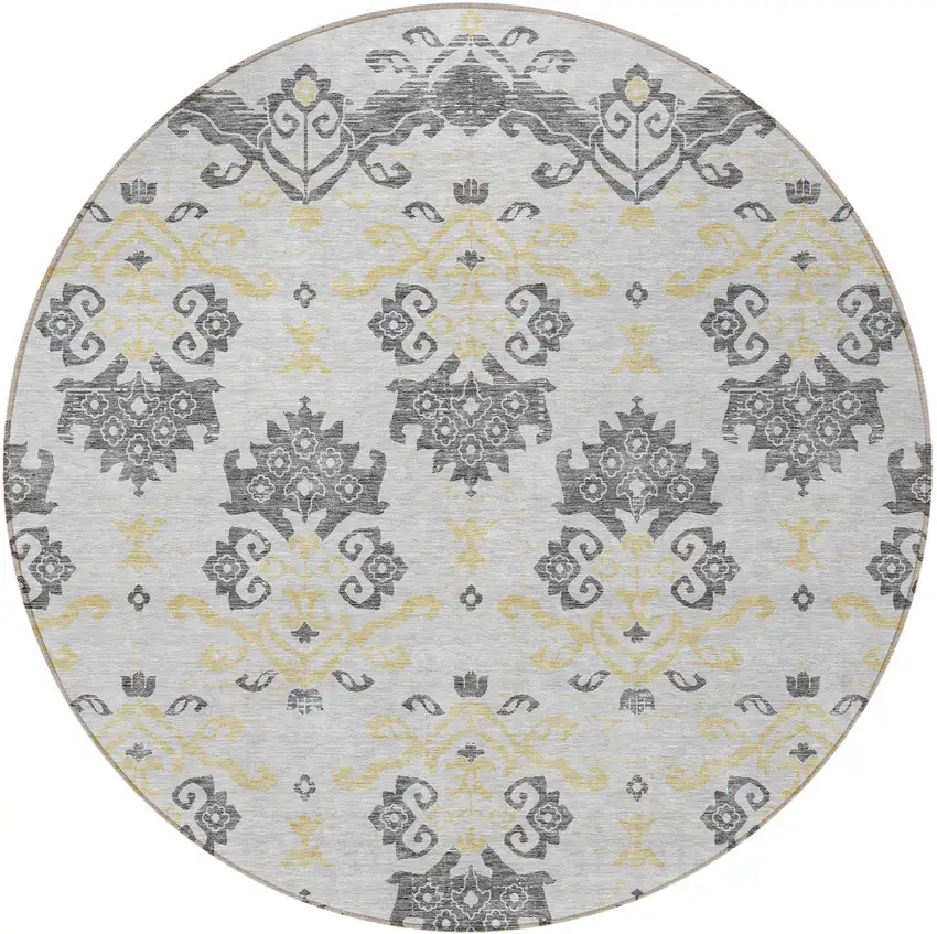 8' Charcoal Silver And Gold Round Oriental Washable Indoor Outdoor Area Rug Photo 5
