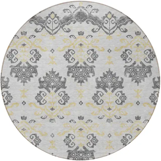 8' Charcoal Silver And Gold Round Oriental Washable Indoor Outdoor Area Rug Photo 5