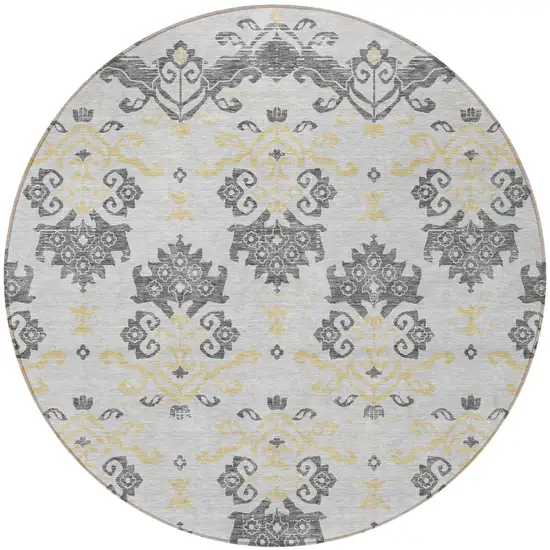 8' Charcoal Silver And Gold Round Oriental Washable Indoor Outdoor Area Rug Photo 5