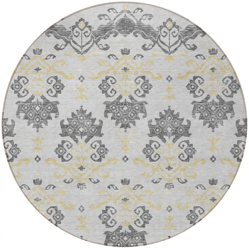 8' Charcoal Silver And Gold Round Oriental Washable Indoor Outdoor Area Rug Photo 5