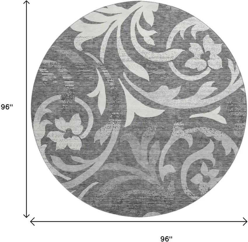 8' Charcoal Silver And Gray Floral Washable Round Rug With UV Protection Photo 3