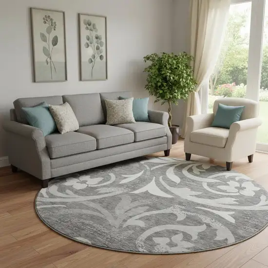 8' Charcoal Silver And Gray Floral Washable Round Rug With UV Protection Photo 1