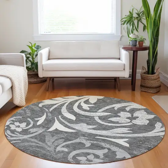 8' Charcoal Silver And Gray Floral Washable Round Rug With UV Protection Photo 5