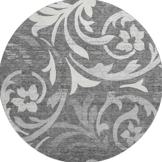 8' Charcoal Silver And Gray Floral Washable Round Rug With UV Protection Photo 3