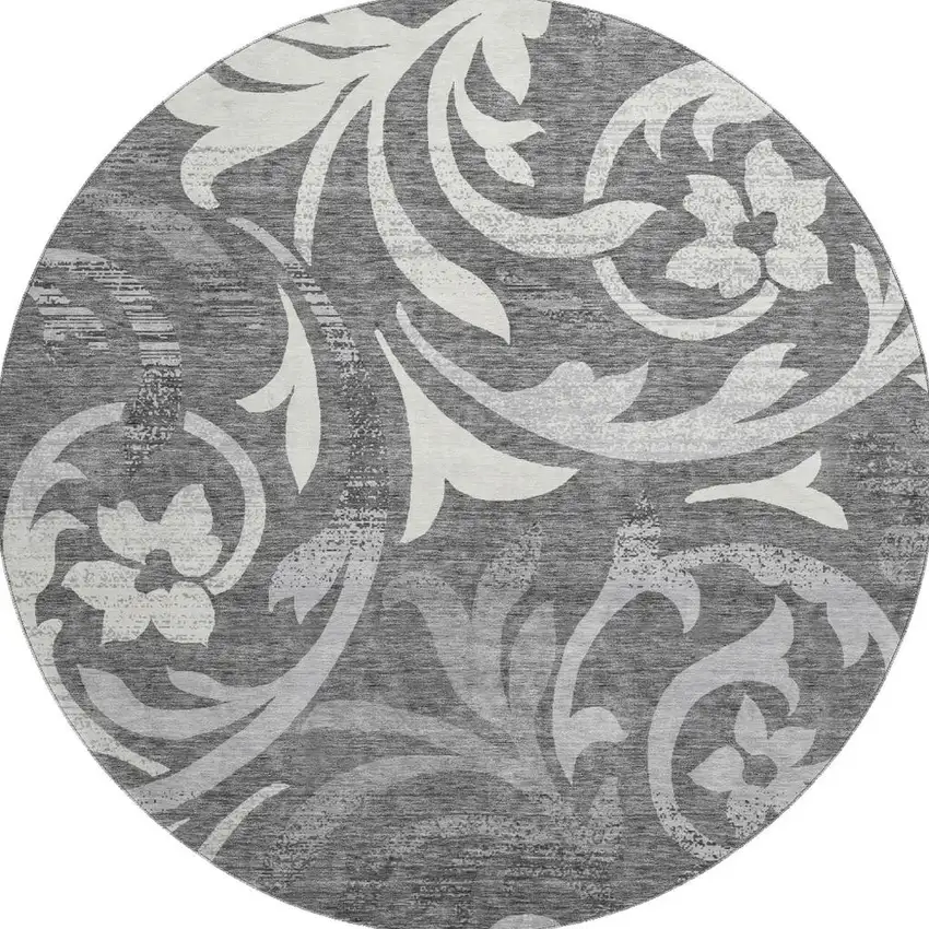 8' Charcoal Silver And Gray Floral Washable Round Rug With UV Protection Photo 3
