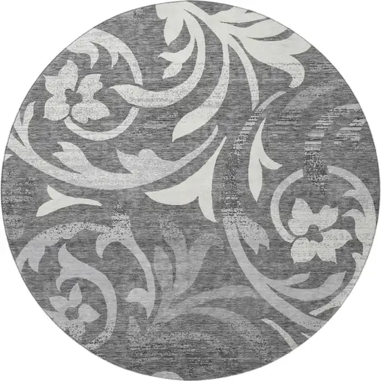 8' Charcoal Silver And Gray Floral Washable Round Rug With UV Protection Photo 4