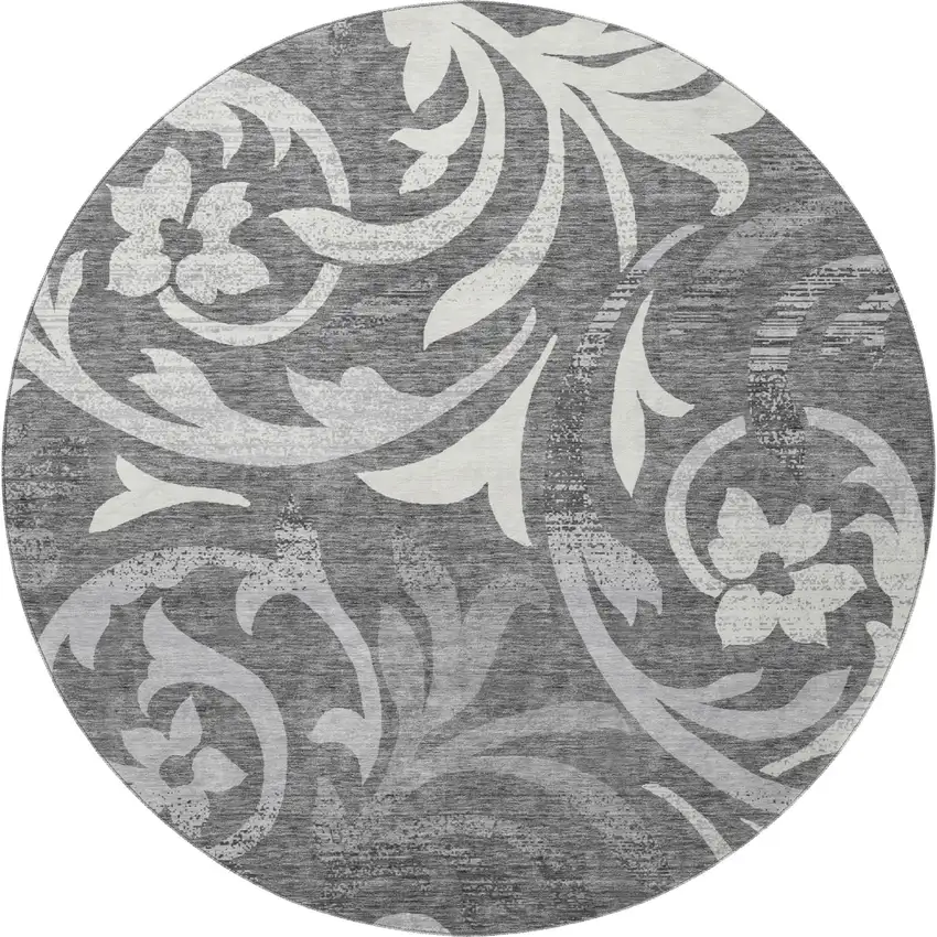 8' Charcoal Silver And Gray Floral Washable Round Rug With UV Protection Photo 4