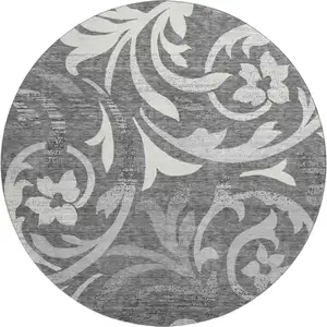 Photo of 8' Charcoal Silver And Gray Floral Washable Round Rug With UV Protection