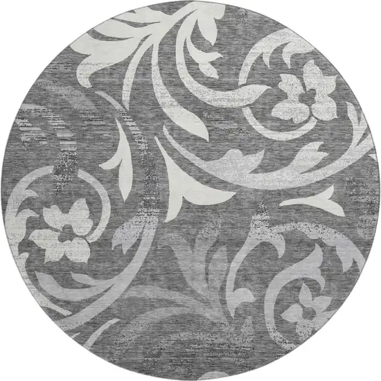 8' Charcoal Silver And Gray Floral Washable Round Rug With UV Protection Photo 1
