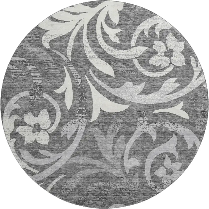 8' Charcoal Silver And Gray Floral Washable Round Rug With UV Protection Photo 1
