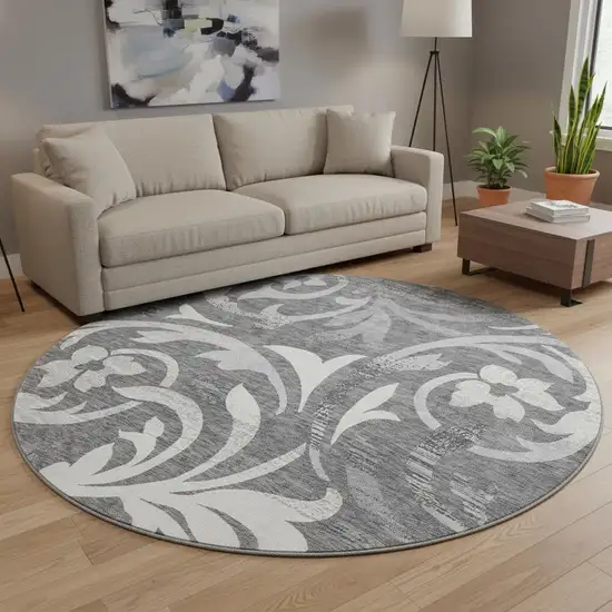 8' Charcoal Silver And Gray Floral Washable Round Rug With UV Protection Photo 2