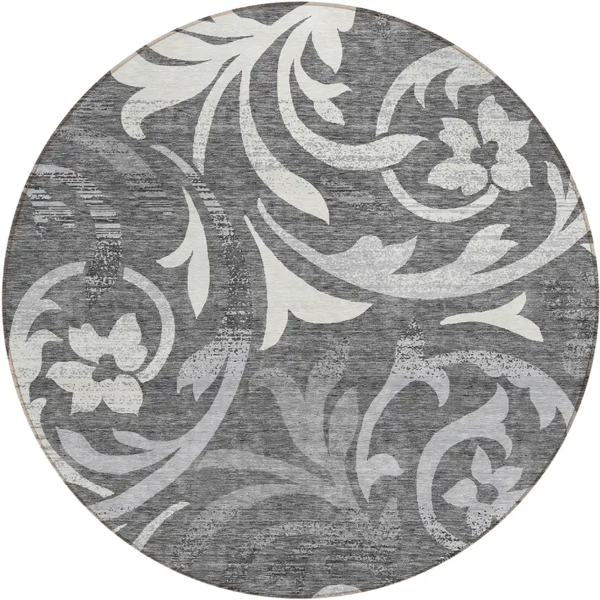 8' Charcoal Silver And Gray Round Floral Washable Indoor Outdoor Area Rug Photo 1