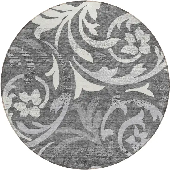 8' Charcoal Silver And Gray Round Floral Washable Indoor Outdoor Area Rug Photo 1