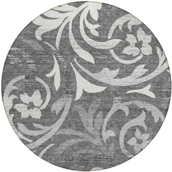 8' Charcoal Silver And Gray Round Floral Washable Indoor Outdoor Area Rug Photo 1