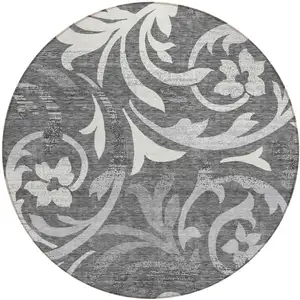 Photo of 8' Charcoal Silver And Gray Round Floral Washable Indoor Outdoor Area Rug