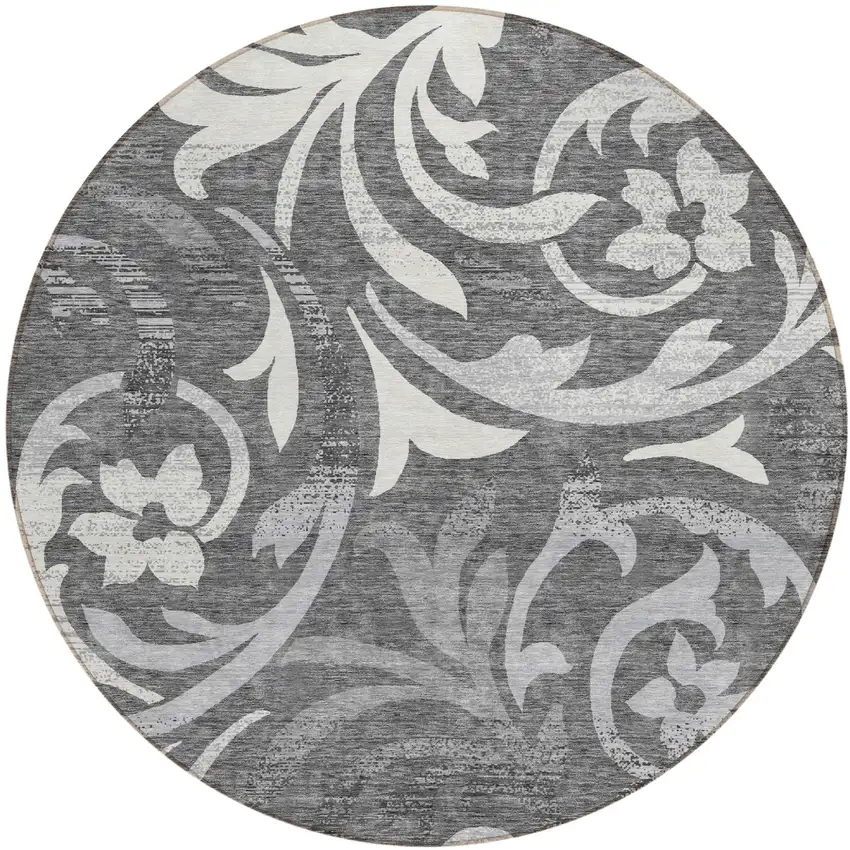 8' Charcoal Silver And Gray Round Floral Washable Indoor Outdoor Area Rug Photo 1