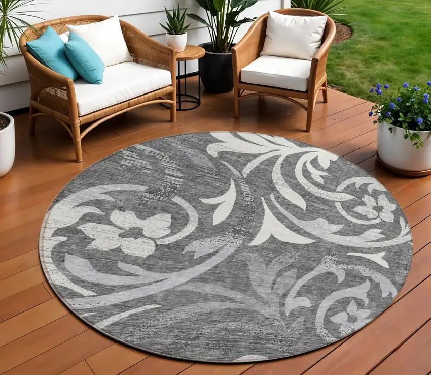 8' Charcoal Silver And Gray Round Floral Washable Indoor Outdoor Area Rug Photo 1