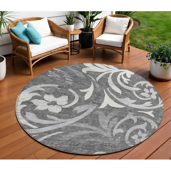 8' Charcoal Silver And Gray Round Floral Washable Indoor Outdoor Area Rug Photo 1