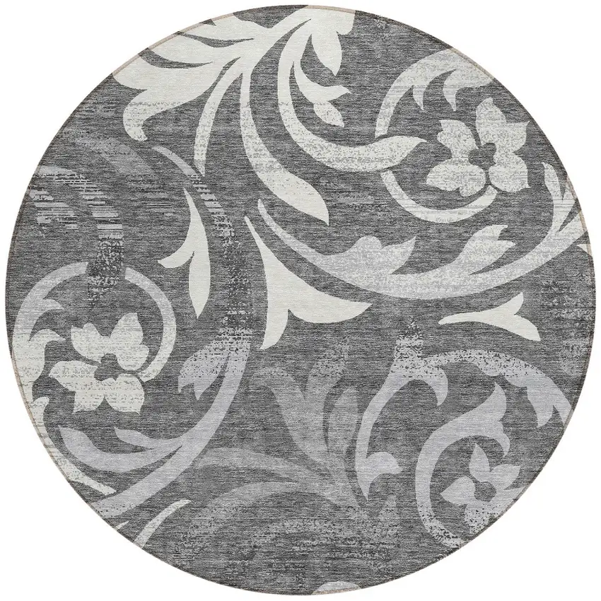 8' Charcoal Silver And Gray Round Floral Washable Indoor Outdoor Area Rug Photo 5