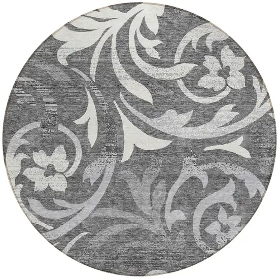 8' Charcoal Silver And Gray Round Floral Washable Indoor Outdoor Area Rug Photo 5