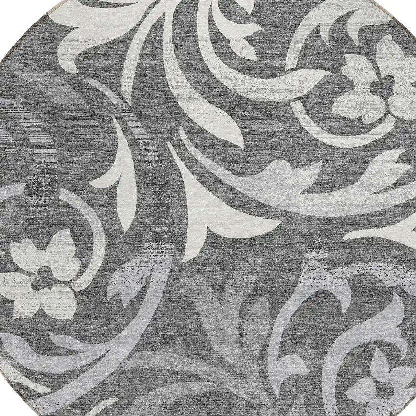 8' Charcoal Silver And Gray Round Floral Washable Indoor Outdoor Area Rug Photo 4