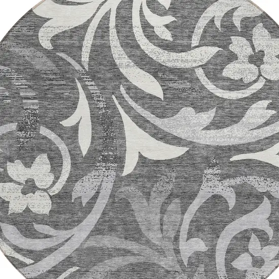 8' Charcoal Silver And Gray Round Floral Washable Indoor Outdoor Area Rug Photo 4