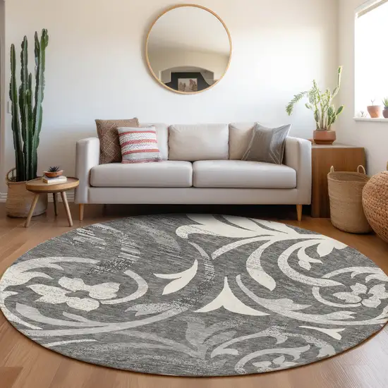 8' Charcoal Silver And Gray Round Floral Washable Indoor Outdoor Area Rug Photo 7