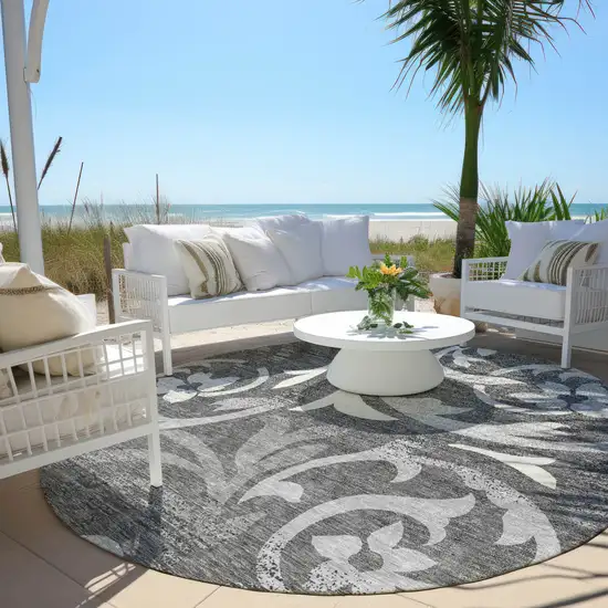 8' Charcoal Silver And Gray Round Floral Washable Indoor Outdoor Area Rug Photo 6