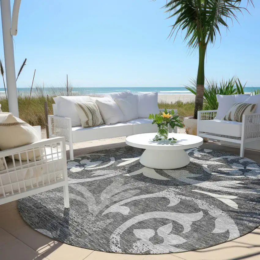 8' Charcoal Silver And Gray Round Floral Washable Indoor Outdoor Area Rug Photo 6