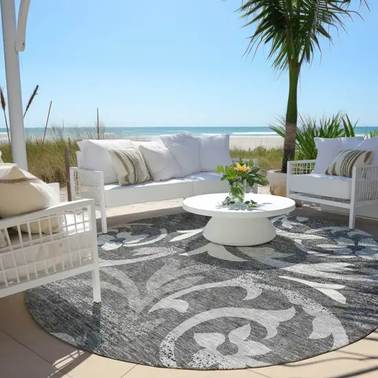 8' Charcoal Silver And Gray Round Floral Washable Indoor Outdoor Area Rug Photo 6