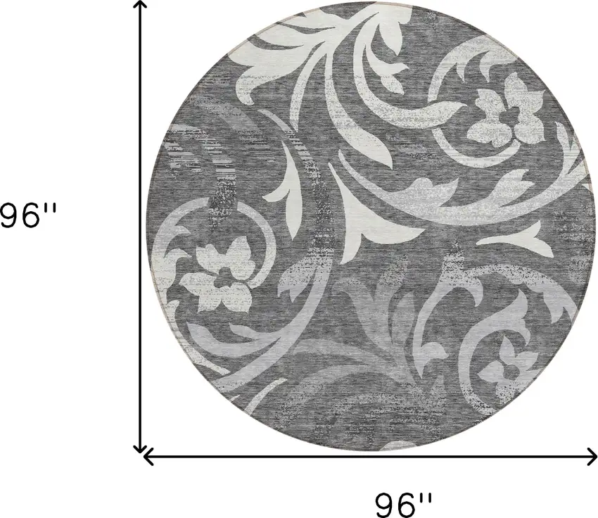 8' Charcoal Silver And Gray Round Floral Washable Indoor Outdoor Area Rug Photo 8