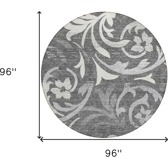 8' Charcoal Silver And Gray Round Floral Washable Indoor Outdoor Area Rug Photo 8
