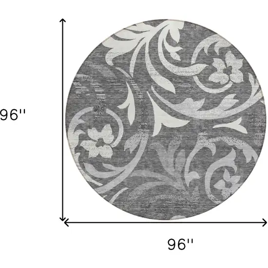8' Charcoal Silver And Gray Round Floral Washable Indoor Outdoor Area Rug Photo 8