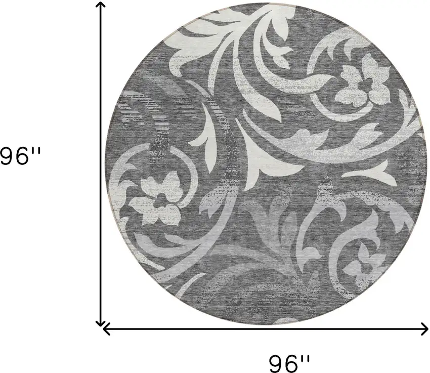 8' Charcoal Silver And Gray Round Floral Washable Indoor Outdoor Area Rug Photo 8