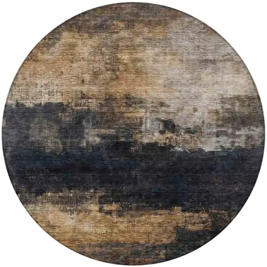 8' Charcoal Tan And Beige Round Abstract Washable Indoor Outdoor Area Rug Photo 5